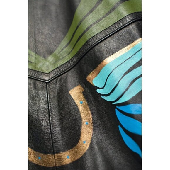 Vintage black leather biker jacket, hand painted, lucky sz M - Picture 10 of 14